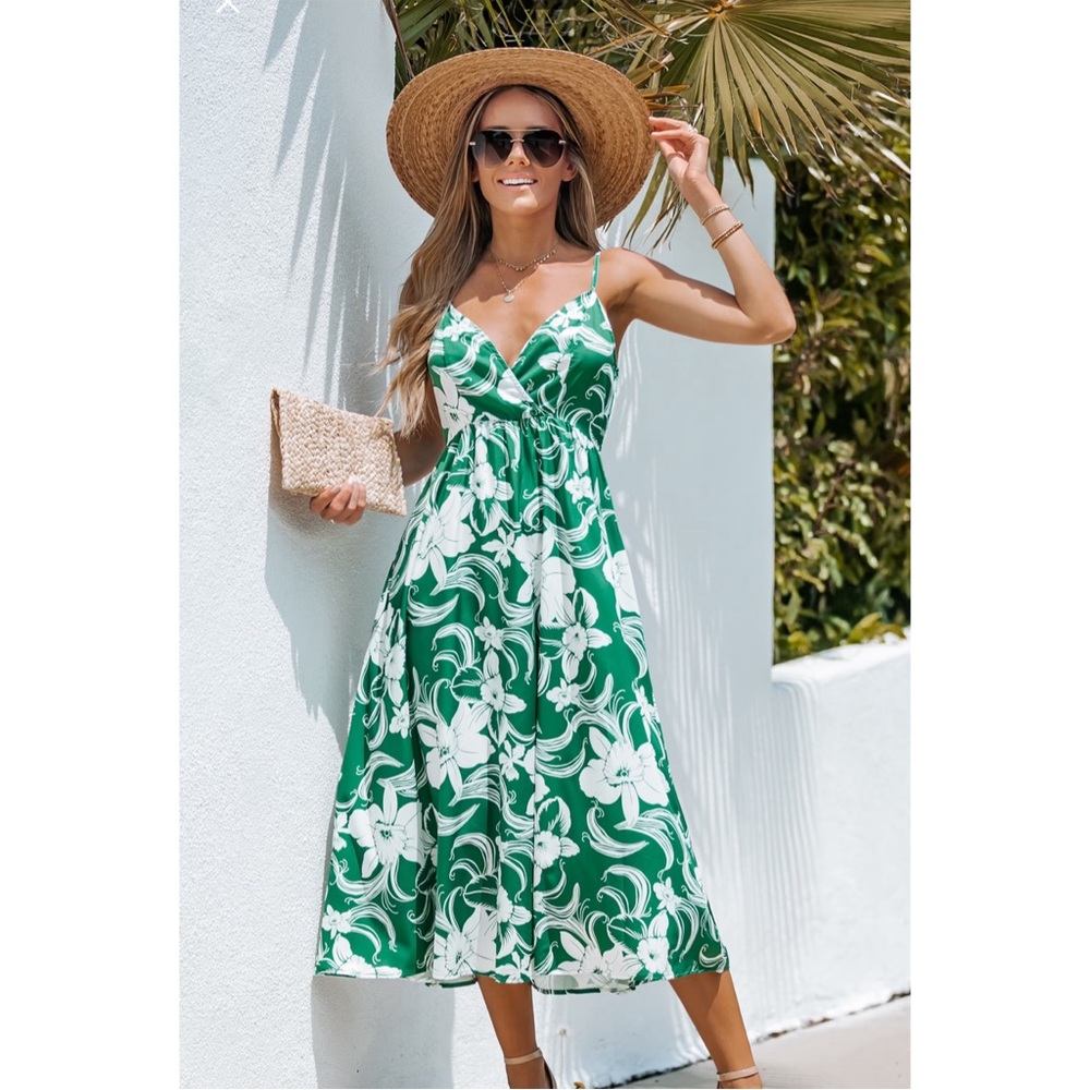 NWT Cupshe Tropical Floral Resort Vacation Green White Midi Cami Dress Small